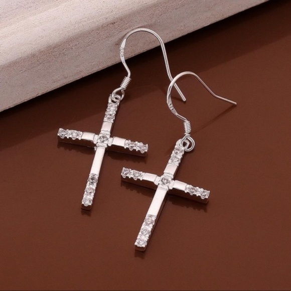 Sterling Silver Cross Rhinestone Dangle Earrings - Picture 2 of 3